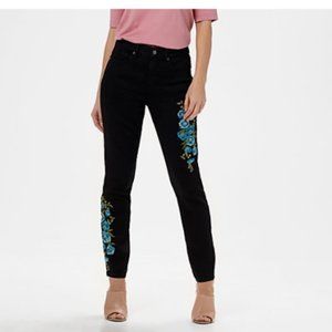 Martha Stewart Regular Embroidered 5-Pocket Ankle Jeans Blk/Blue Poppy Size 2
